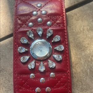 Guess Red Leather Watch with Crystal Embellishments